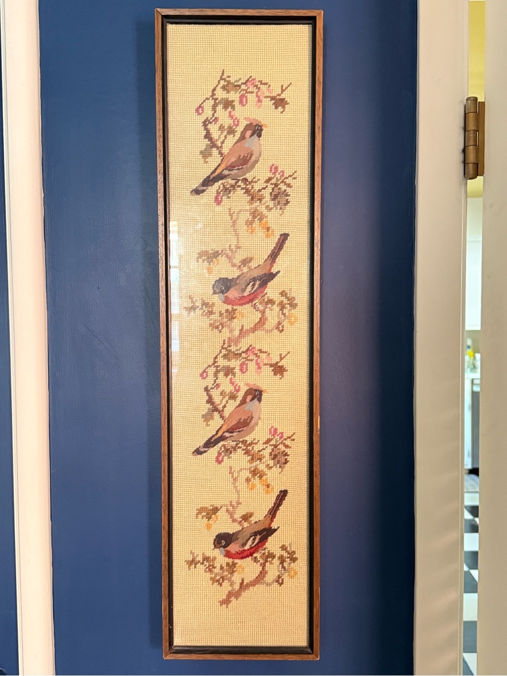 Needlepoint Vintage Framed Bird Embroidery Wall Art - Neutral and Pink Accents